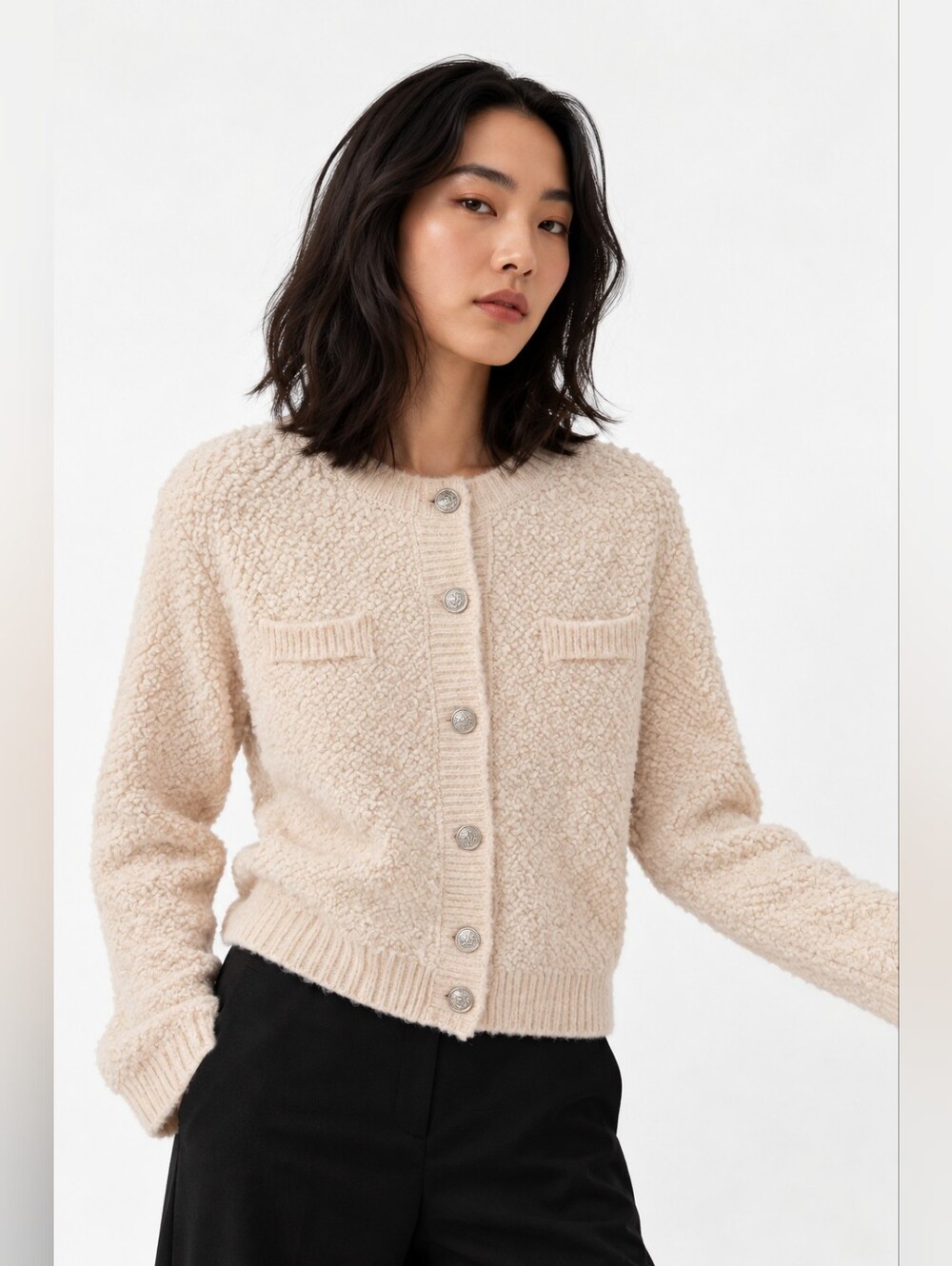 Modern Supply by Sanctuary Cream Bouclé Cardigan Sweater Large